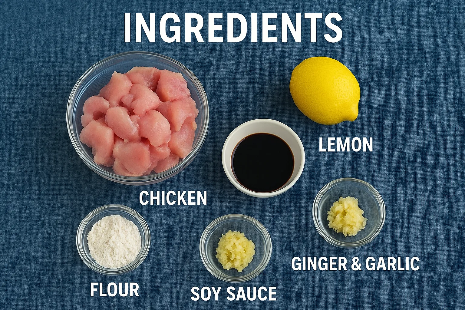 Ingredients for Japanese Mum’s Chicken labeled on a blue background