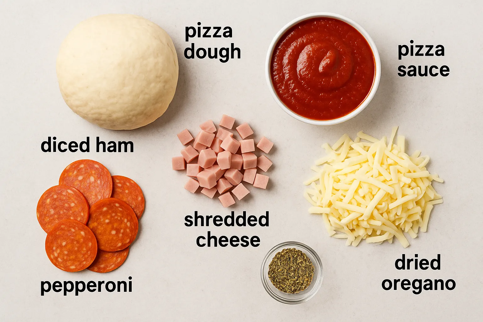 Flat lay of labeled pizza scroll ingredients including dough, sauce, cheese, pepperoni, ham, and oregano.