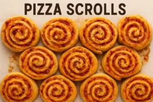 Freshly baked pizza scrolls with golden crust, swirls of tomato sauce, melted cheese, and herbs.