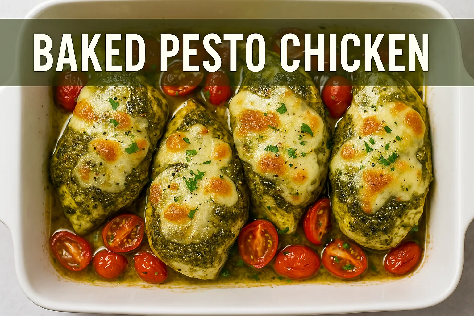 Baked pesto chicken topped with melted mozzarella and served with cherry tomatoes in a white ceramic dish.