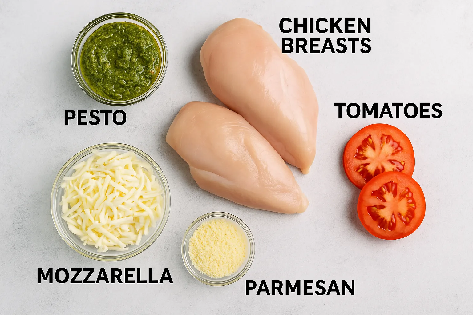Ingredients for baked pesto chicken including raw chicken breasts, pesto, shredded mozzarella, Parmesan, and sliced tomatoes.