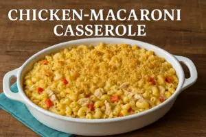 A freshly baked Chicken-Macaroni Casserole topped with golden breadcrumbs in a white dish on a wooden table.