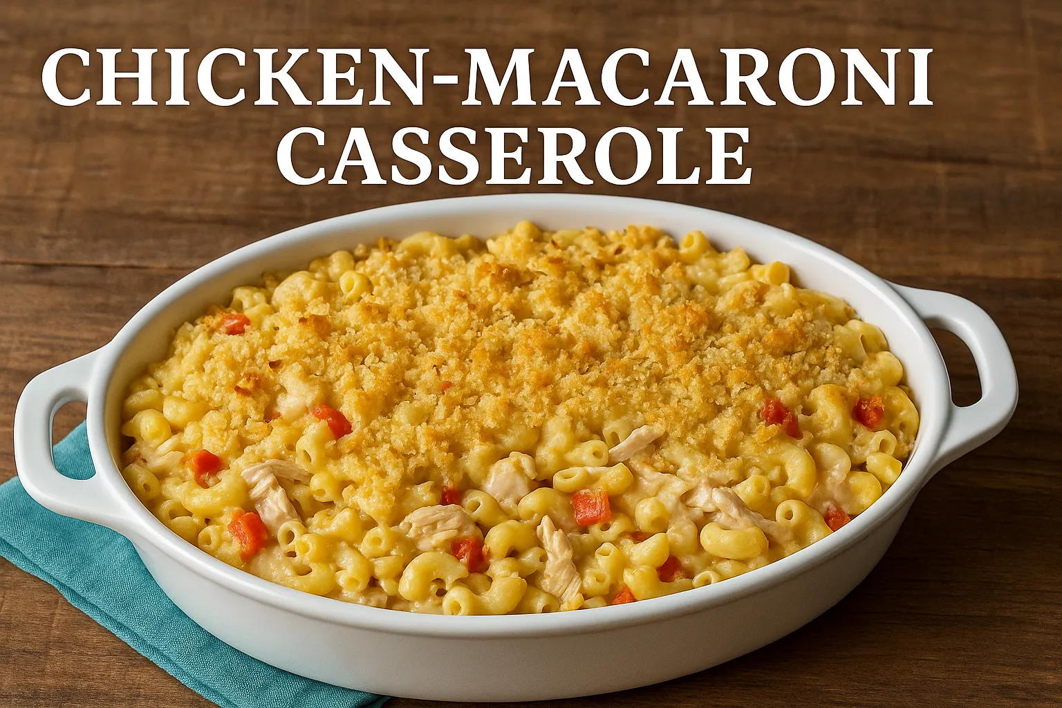 A freshly baked Chicken-Macaroni Casserole topped with golden breadcrumbs in a white dish on a wooden table.