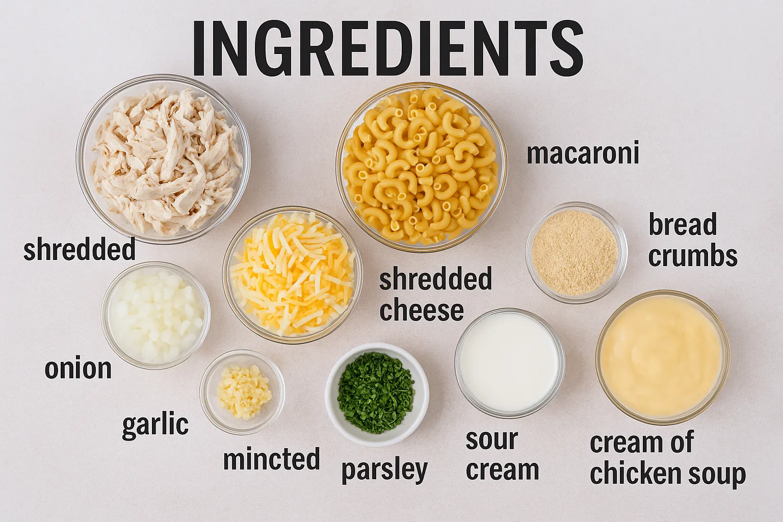 Top-down view of labeled ingredients for Chicken-Macaroni Casserole including pasta, shredded chicken, cheese, sour cream, soup, and seasonings.