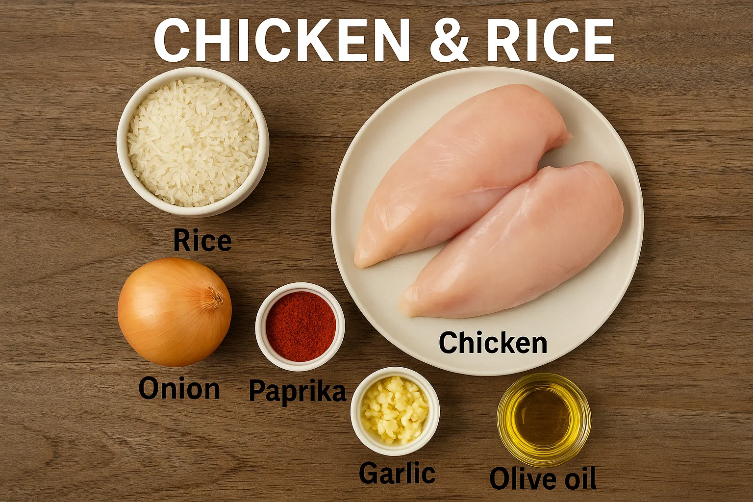 Raw ingredients for chicken and rice recipe including chicken breasts, rice, onion, paprika, garlic, and olive oil on wooden background.