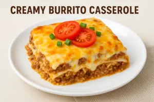 A freshly baked creamy burrito casserole topped with melted cheese, sliced tomatoes, and green onions on a white plate.