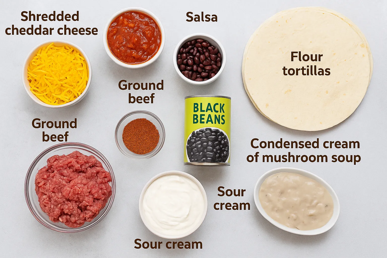 Labeled ingredients for creamy burrito casserole including shredded cheese, ground beef, salsa, tortillas, black beans, and sour cream.