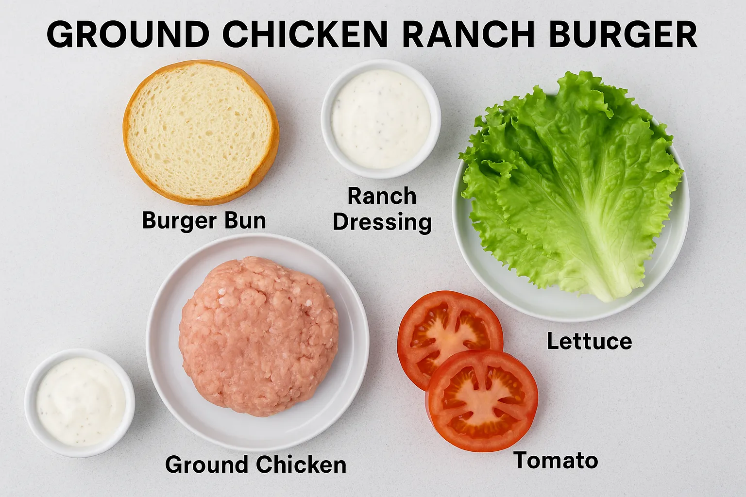 Ground chicken, burger bun, ranch dressing, lettuce, and tomato labeled on a clean kitchen surface.