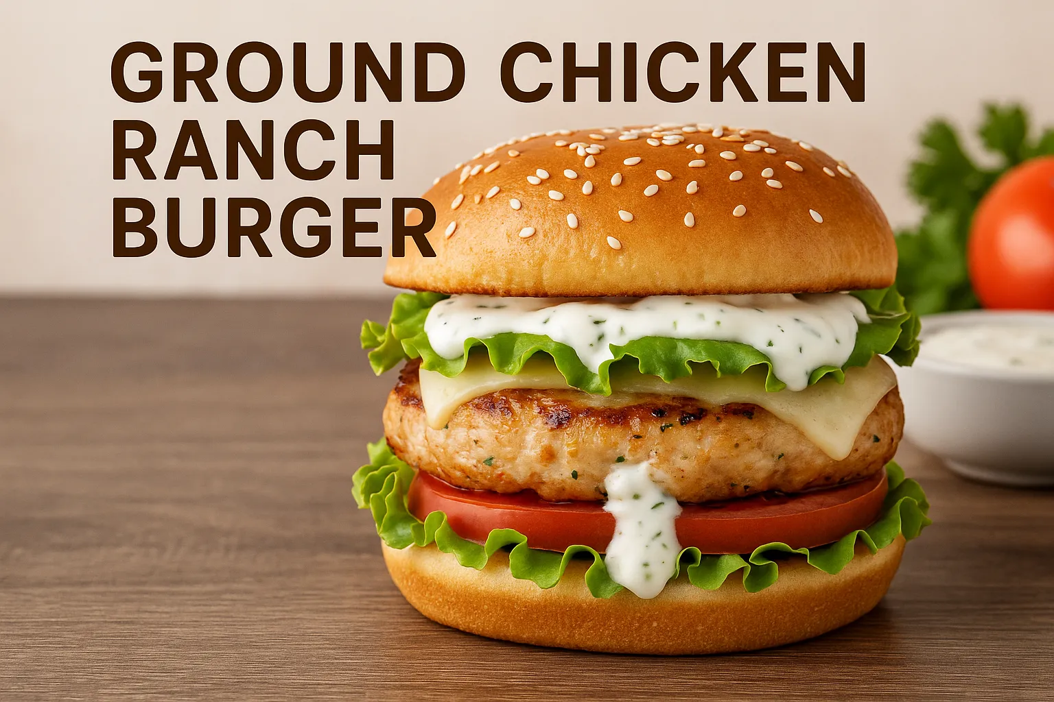 Ground Chicken Ranch Burger with lettuce, tomato, ranch dressing, and sesame bun on wooden table.