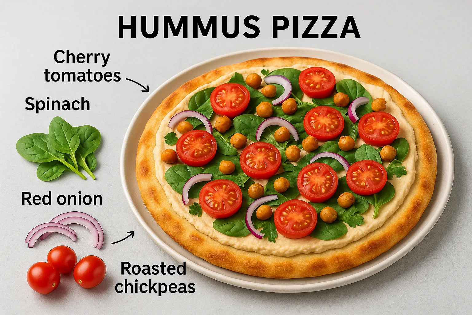 Labeled hummus pizza with cherry tomatoes, spinach, roasted chickpeas, and red onion