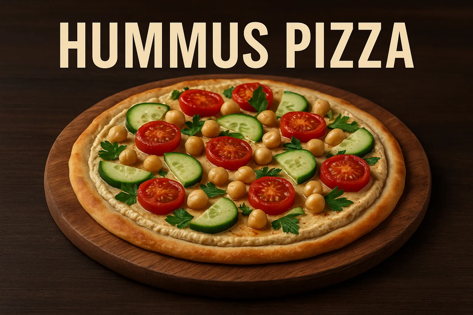 Hummus pizza topped with cherry tomatoes, cucumber slices, and chickpeas on a wooden board