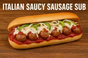 Delicious Italian sausage sub sandwich with marinara sauce, mozzarella, onions, and green peppers in a fresh roll.