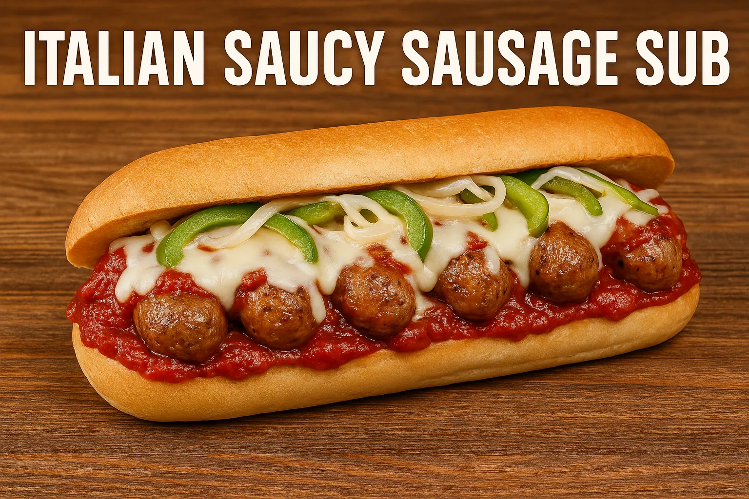 Delicious Italian sausage sub sandwich with marinara sauce, mozzarella, onions, and green peppers in a fresh roll.