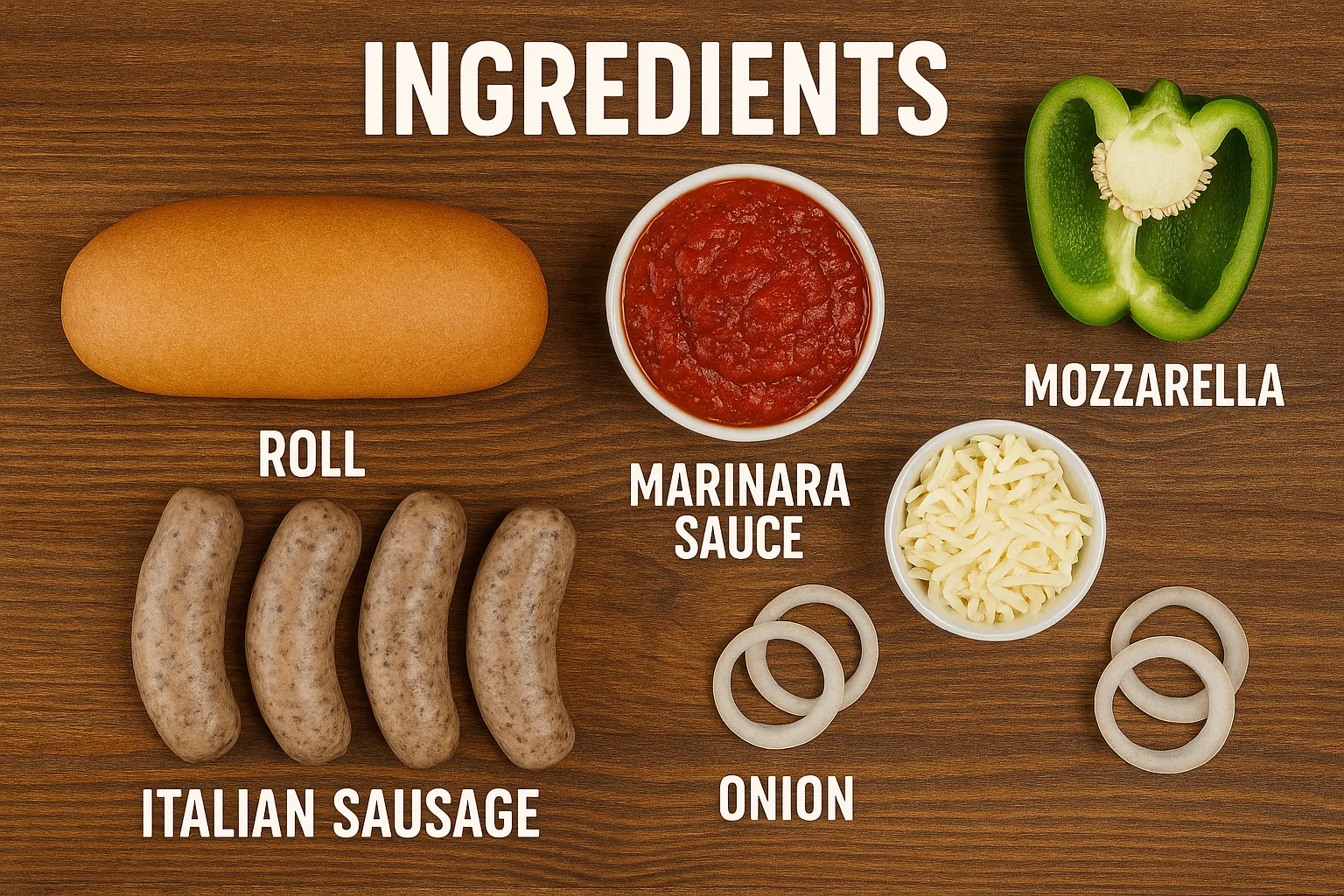 Ingredients for Italian sausage sub including sausage, mozzarella, roll, marinara sauce, onion, and green pepper.