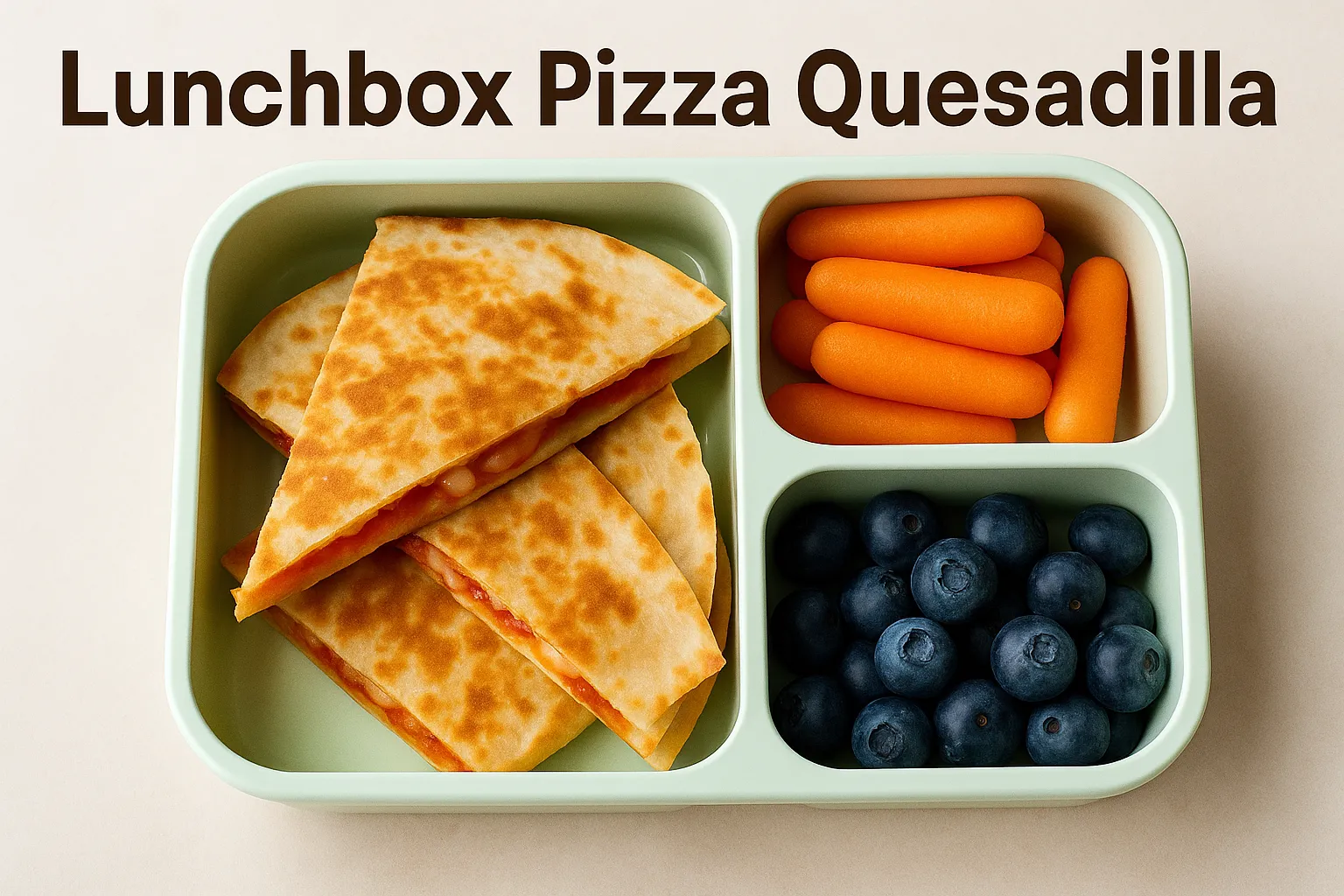 Lunchbox with pizza quesadilla, baby carrots, and blueberries neatly packed in compartments
