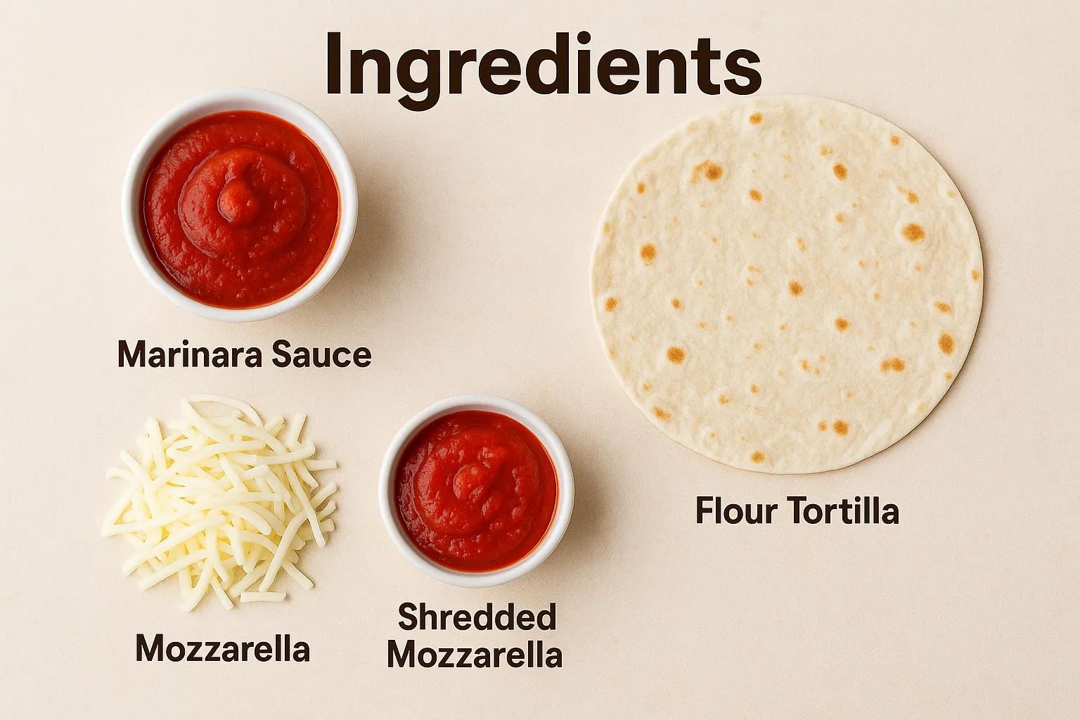Ingredients for Lunchbox Pizza Quesadilla including marinara sauce, mozzarella cheese, and flour tortilla