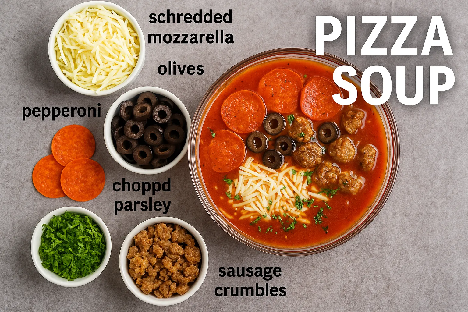 Pizza soup with labeled ingredients including pepperoni, sausage crumbles, olives, parsley, and shredded mozzarella.