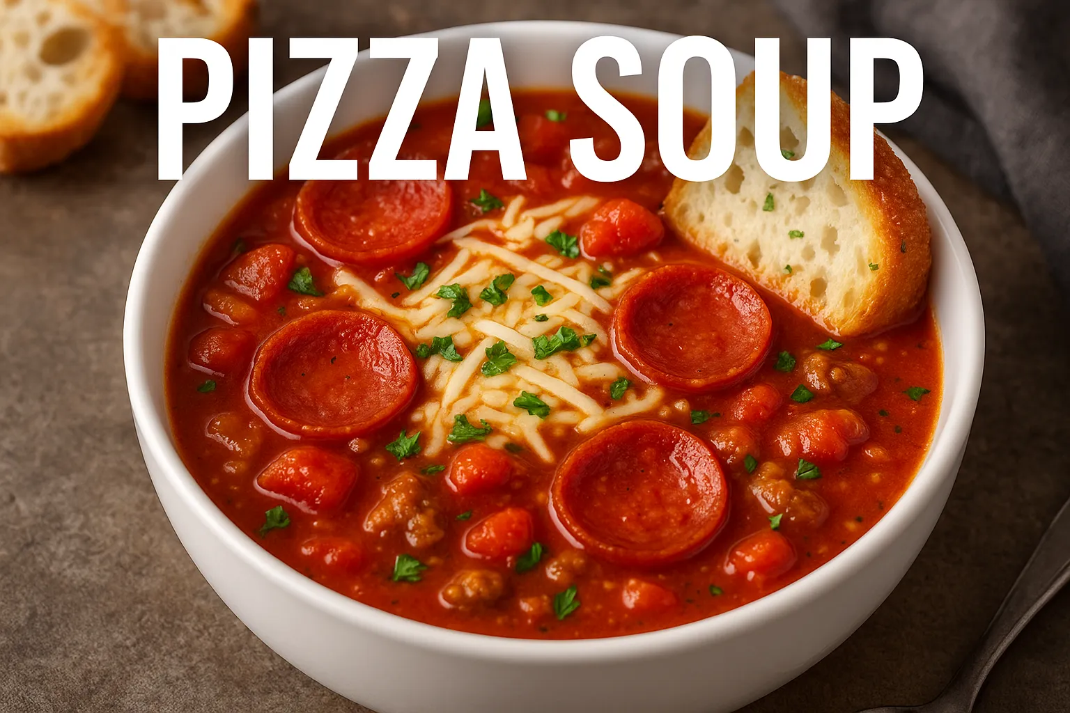 A bowl of pizza soup with melted mozzarella, pepperoni, and a bread slice.