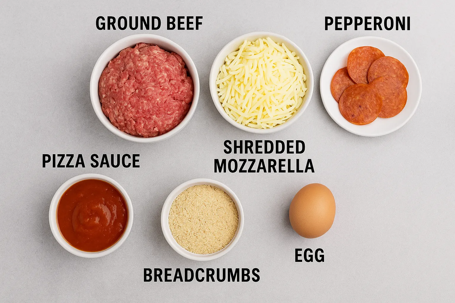 Ingredients for Pizza Meatloaf Cups: ground beef, shredded mozzarella, pepperoni, pizza sauce, breadcrumbs, and egg.