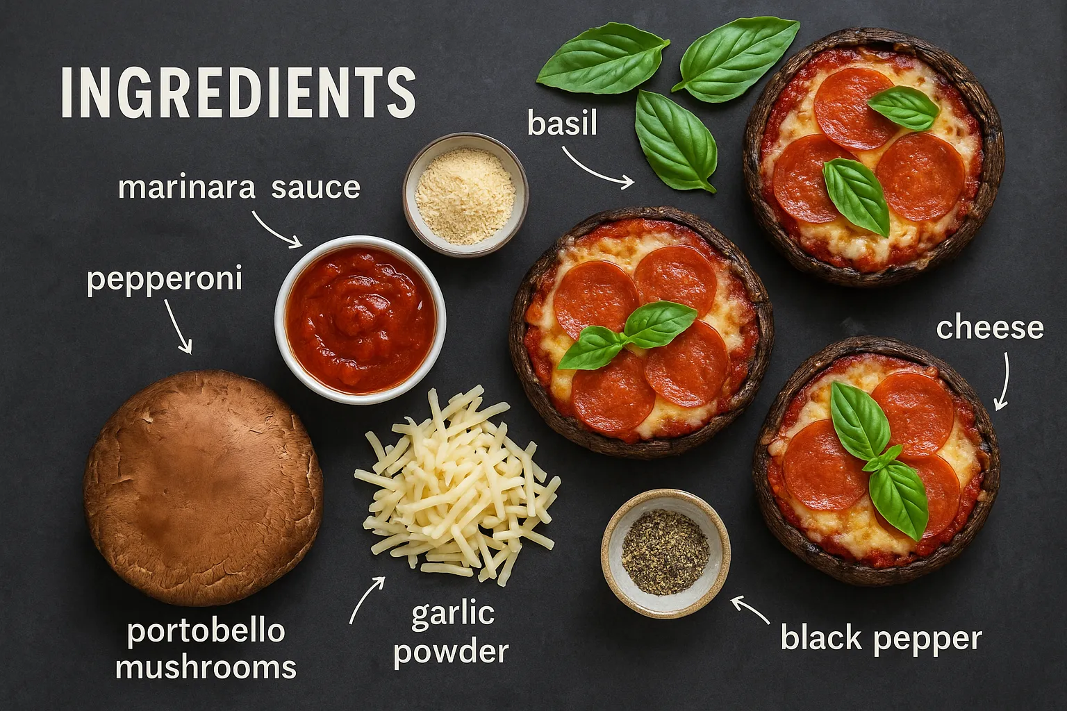 Flat lay image of portobello mushroom pizzas with labeled ingredients including cheese, basil, marinara sauce, black pepper, garlic powder, and pepperoni.