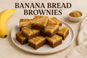 Banana bread brownies served on a plate with bananas and sugar in the background