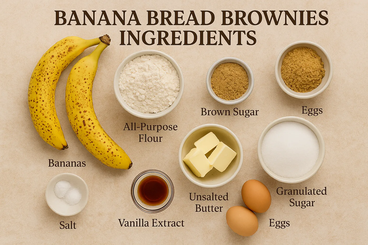 Ingredients for banana bread brownies with labels including bananas, flour, butter, and sugar