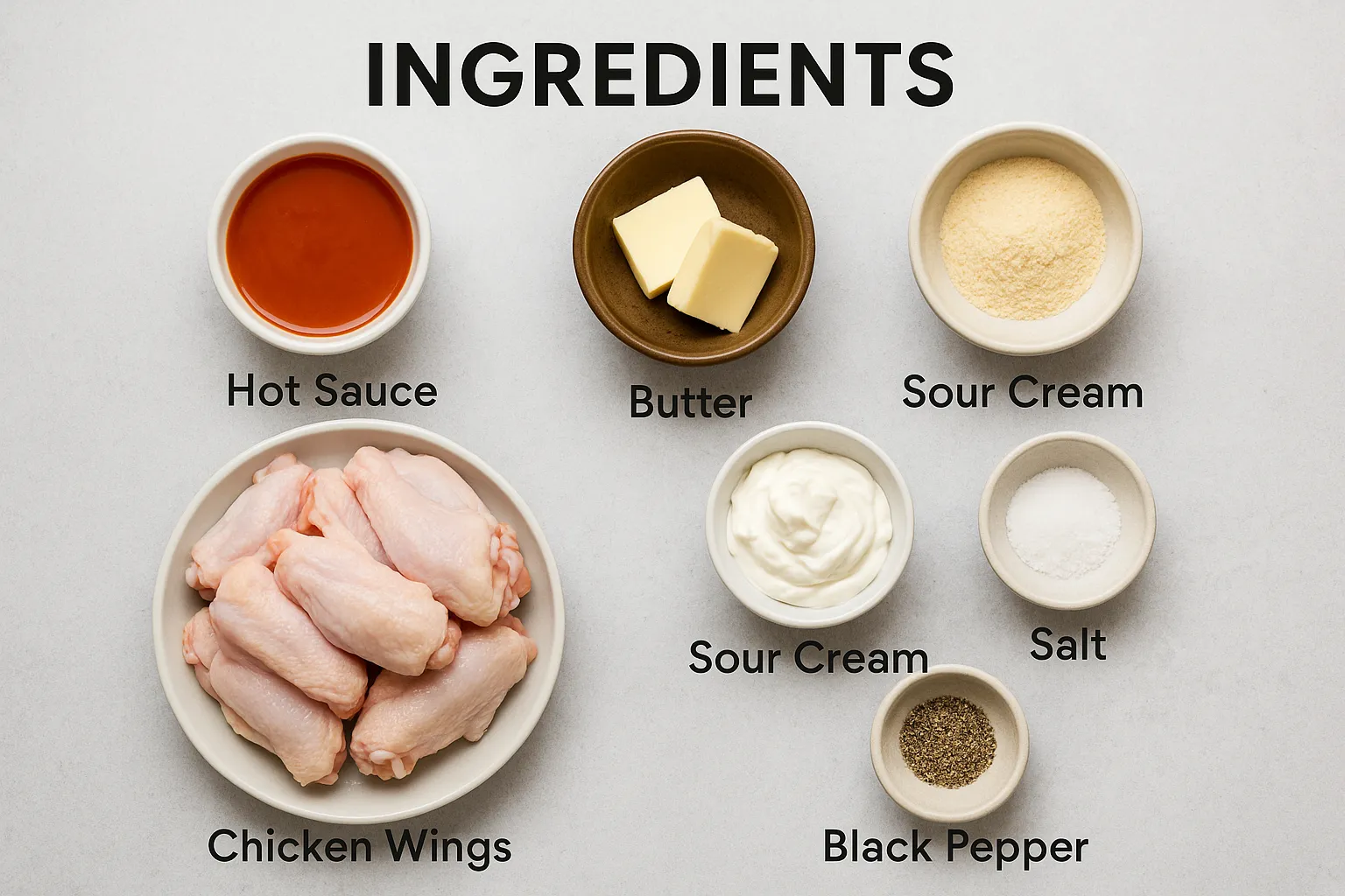 op view of buffalo wings ingredients including hot sauce, chicken wings, butter, salt, black pepper, and sour cream