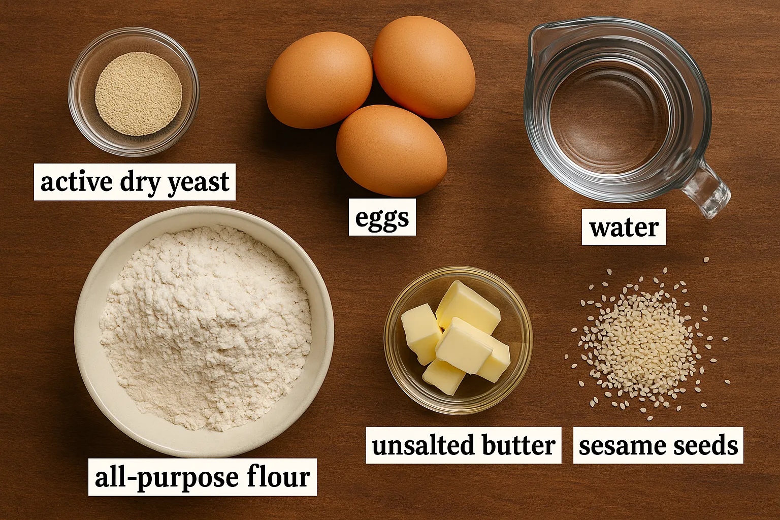 Ingredients for challah bread including flour, eggs, butter, water, sesame seeds, and yeast, labeled clearly.