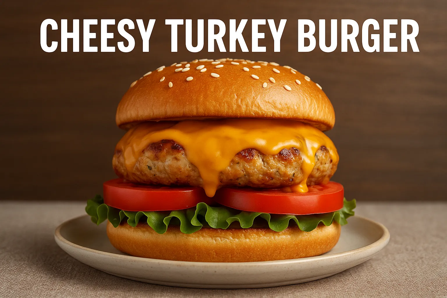 Cheesy Turkey Burger served with melted cheese, lettuce, tomato, and sesame bun
