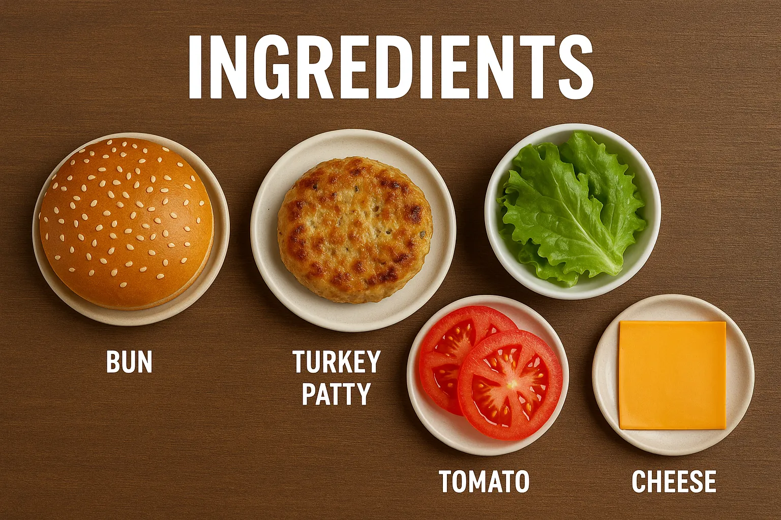 Ingredients for a Cheesy Turkey Burger including bun, turkey patty, lettuce, tomato, and cheese