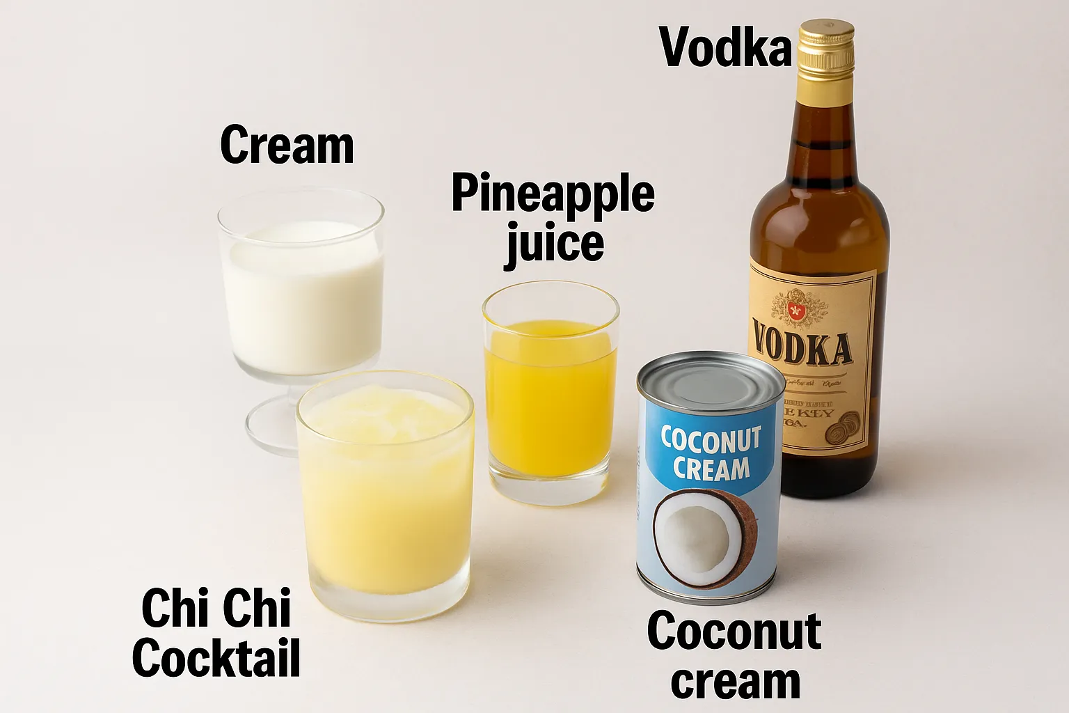 Chi Chi Cocktail ingredients including vodka, pineapple juice, coconut cream, cream, and a prepared cocktail in glasses