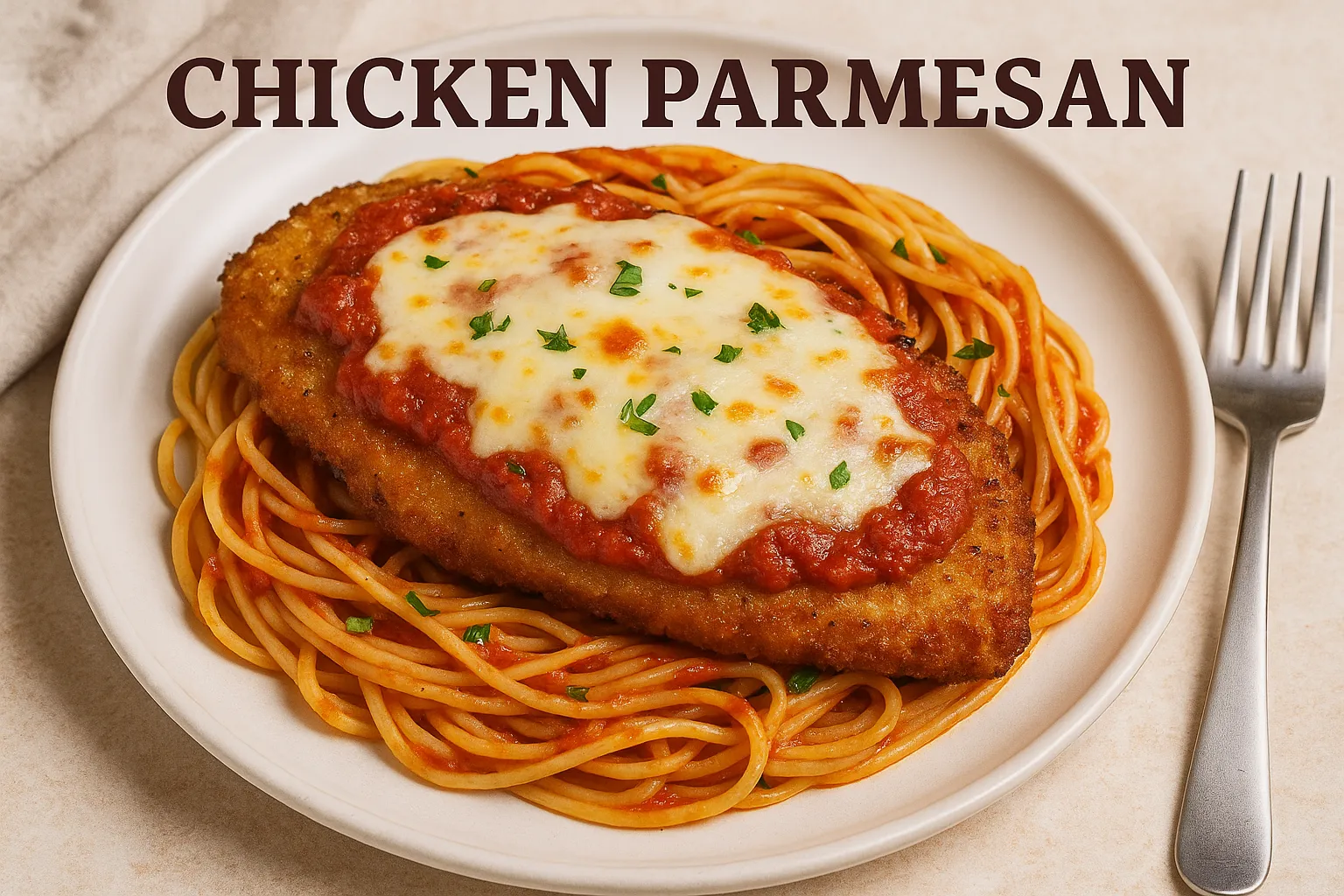 Chicken Parmesan served with spaghetti and marinara sauce on a plate
