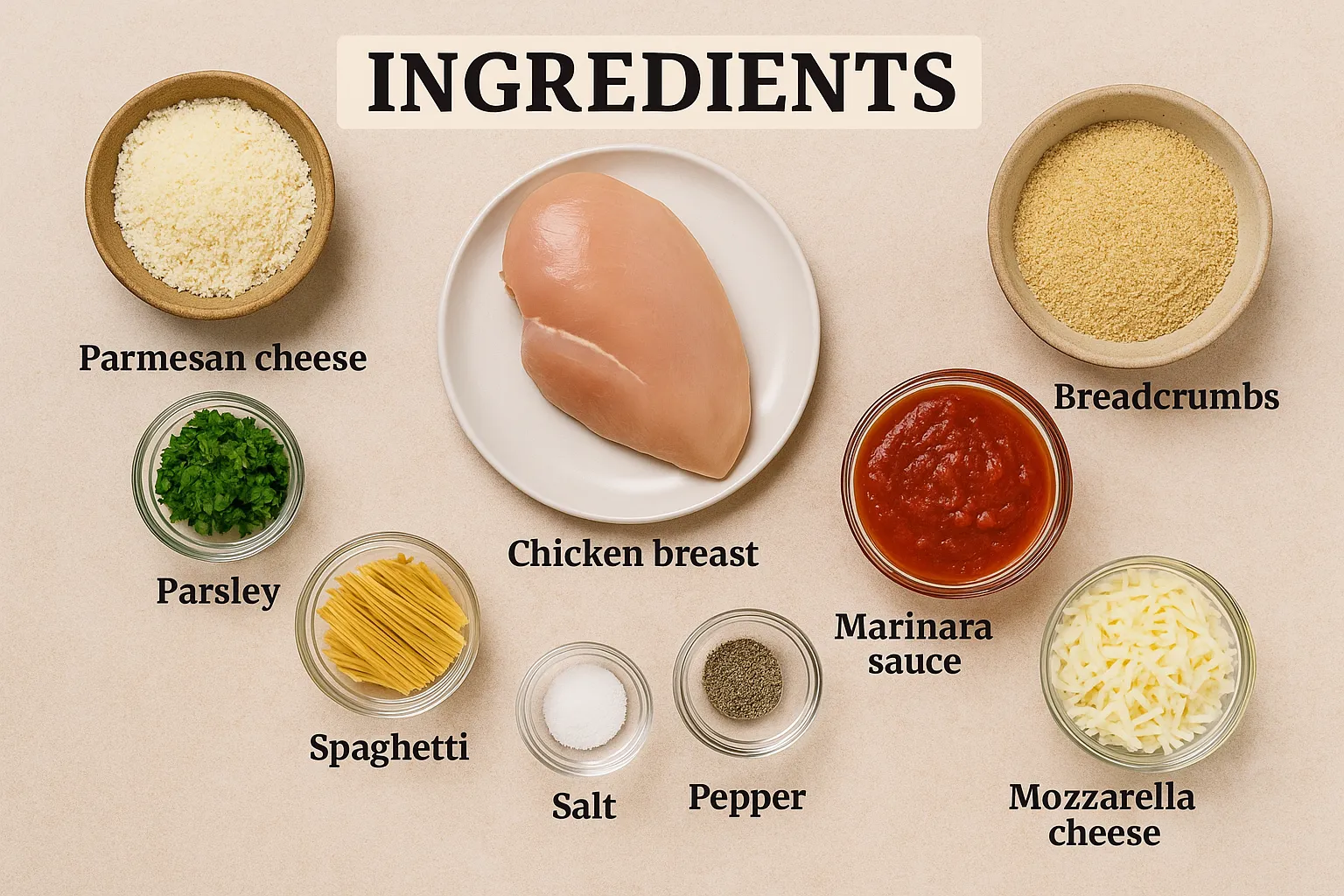 Chicken Parmesan ingredients arranged in bowls with labels