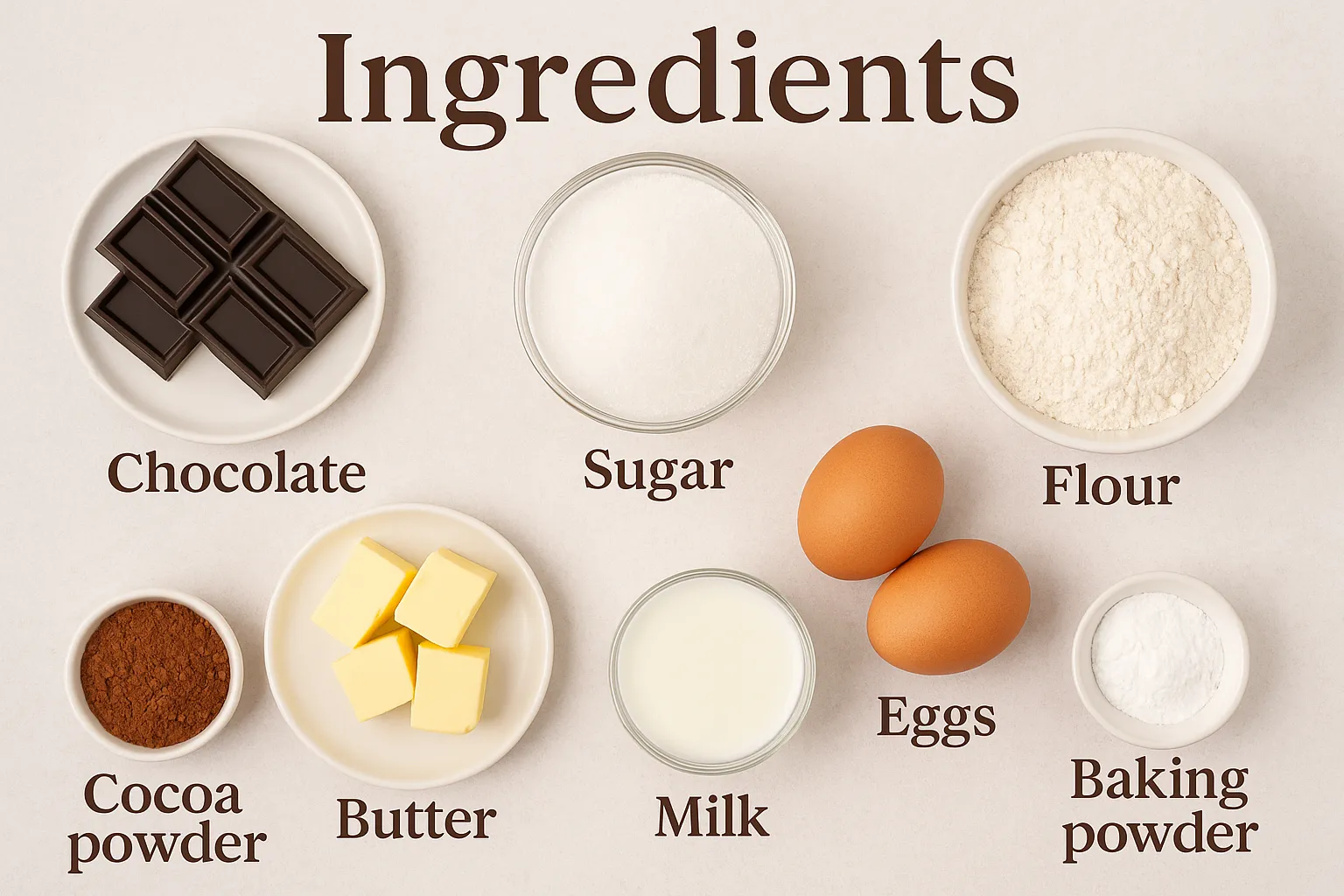 Seven labeled ingredients for chocolate cake arranged neatly on a beige background—chocolate, sugar, flour, cocoa powder, butter, milk, and eggs.