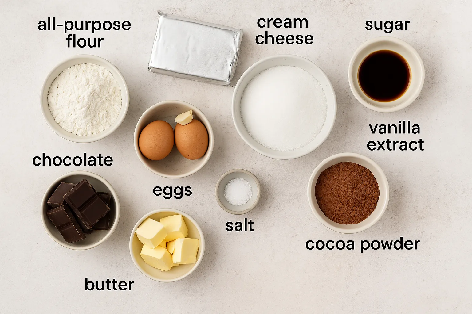Ingredients needed to make cream cheese brownies arranged in bowls with labels
