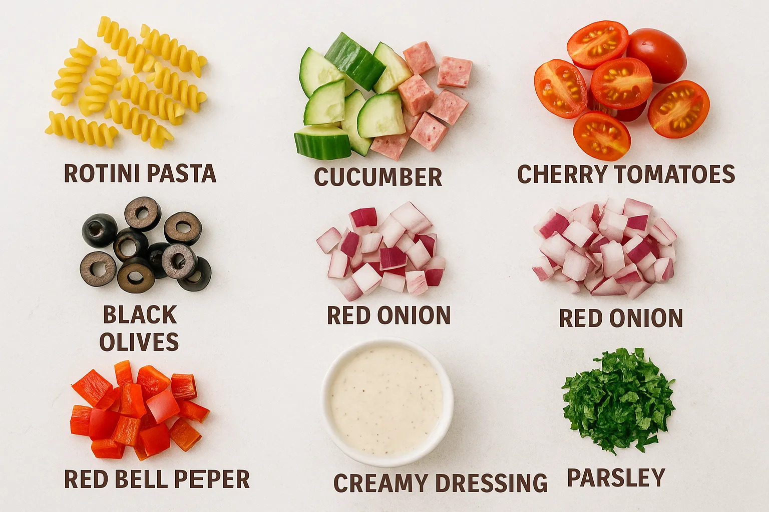 Ingredients for creamy Italian pasta salad labeled and arranged neatly.