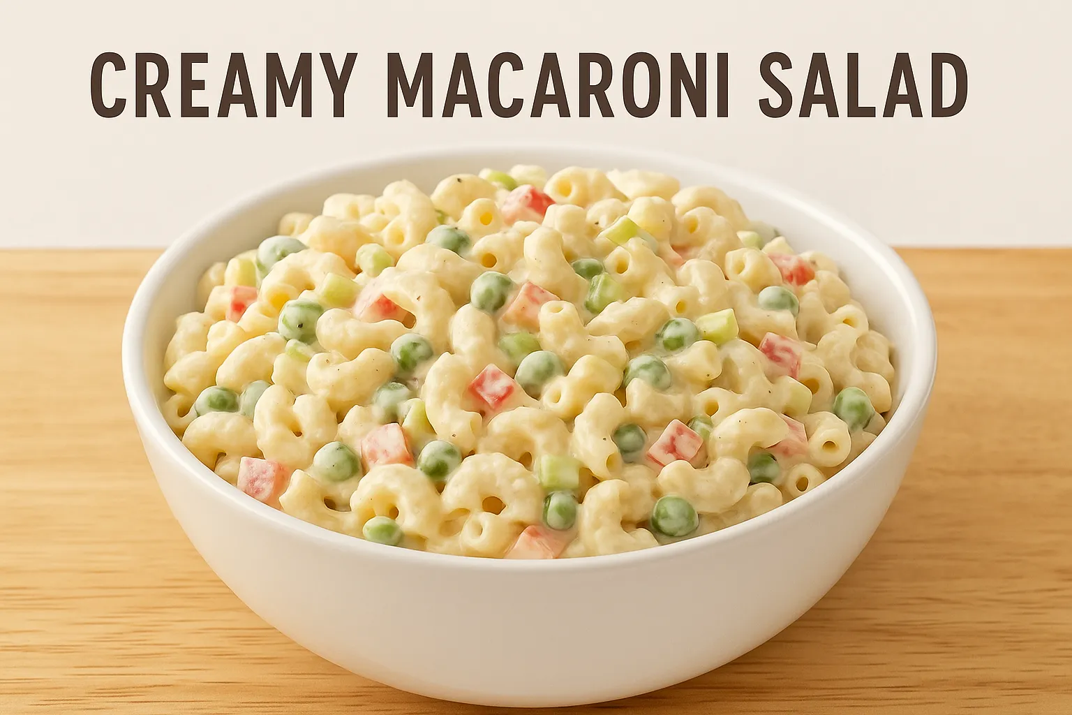 Bowl of creamy macaroni salad with vegetables on wooden table