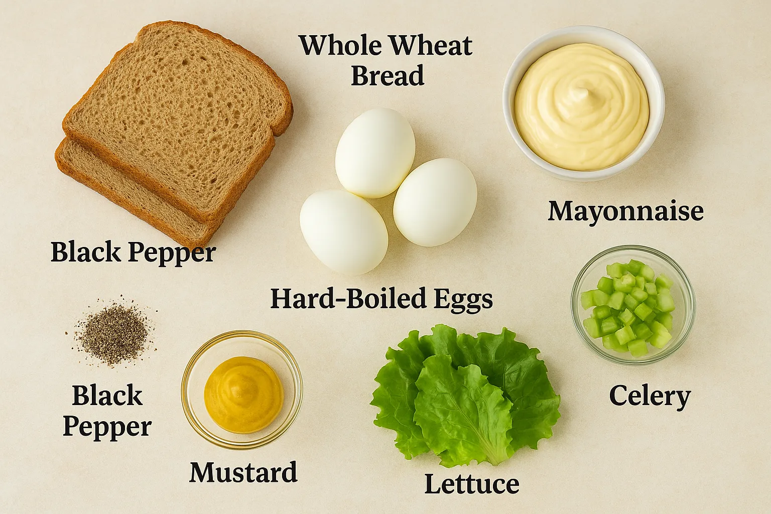 Ingredients for egg salad sandwich labeled with names on a light background.