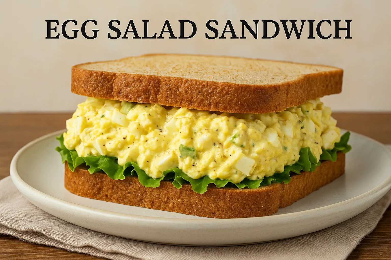 Freshly made egg salad sandwich on whole wheat bread served with lettuce.