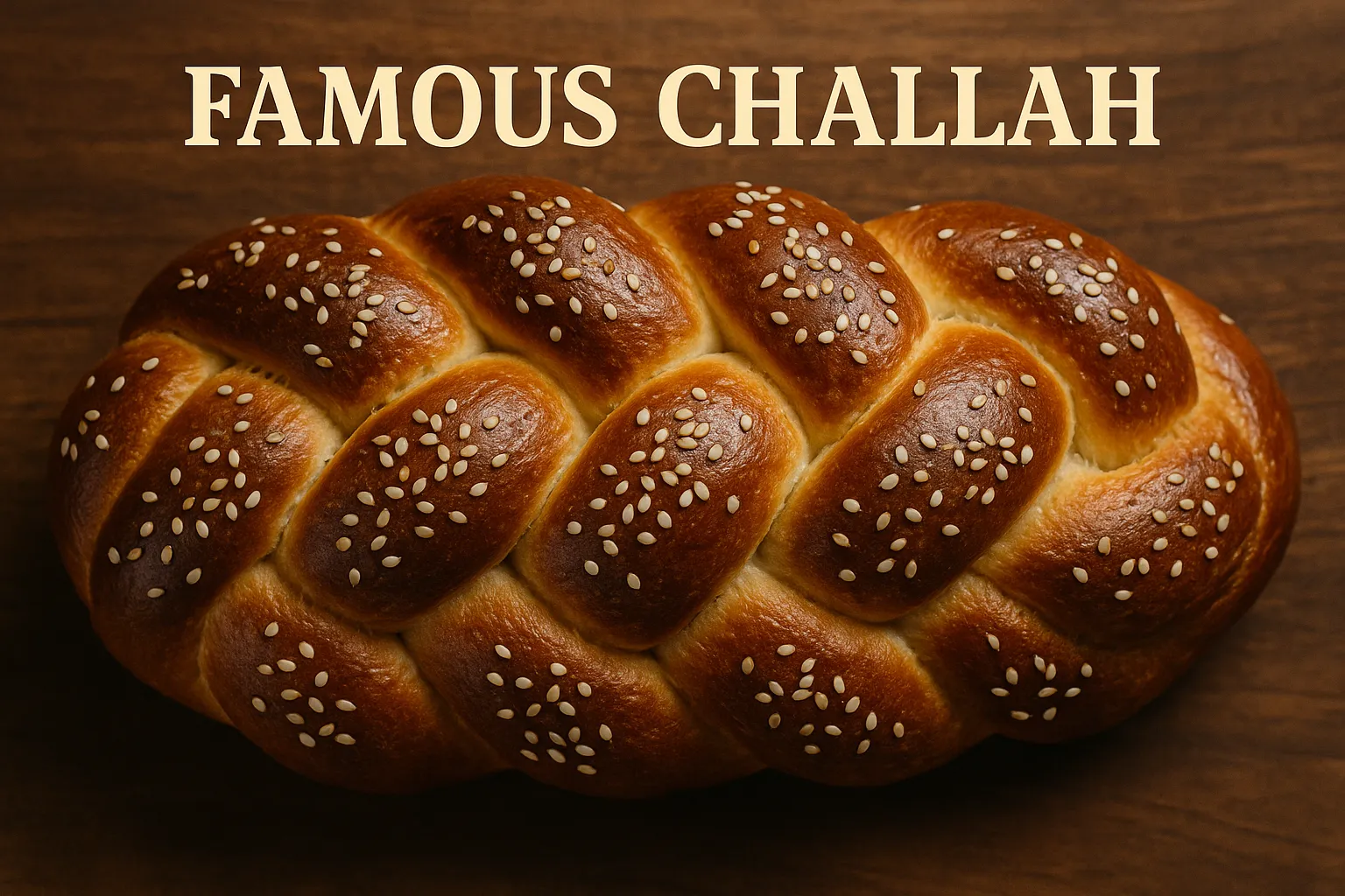 Freshly baked golden brown challah bread topped with sesame seeds on a wooden table.