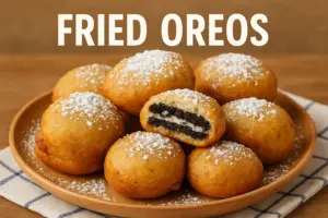Delicious golden fried Oreos stacked on a plate with powdered sugar topping