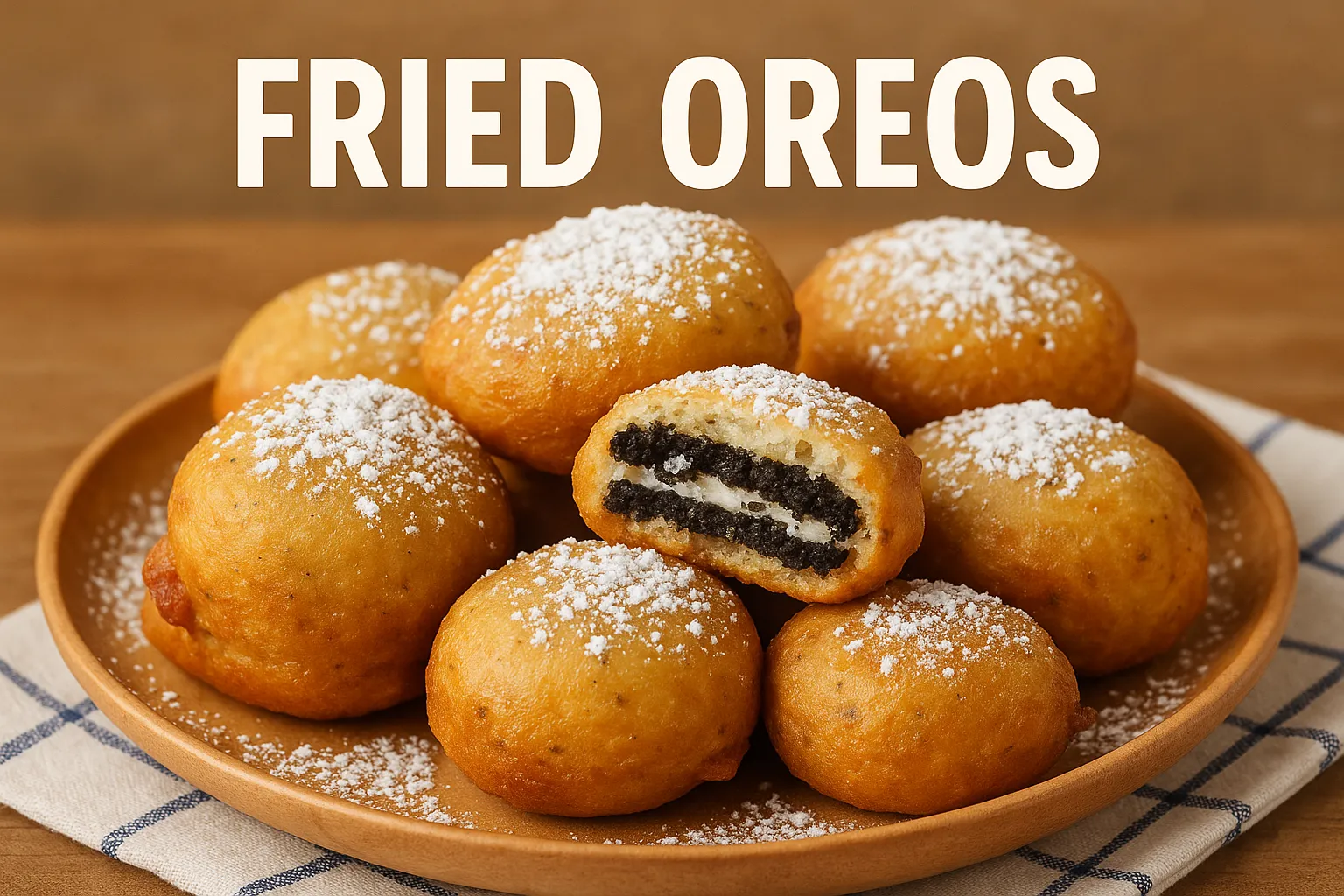 Delicious golden fried Oreos stacked on a plate with powdered sugar topping