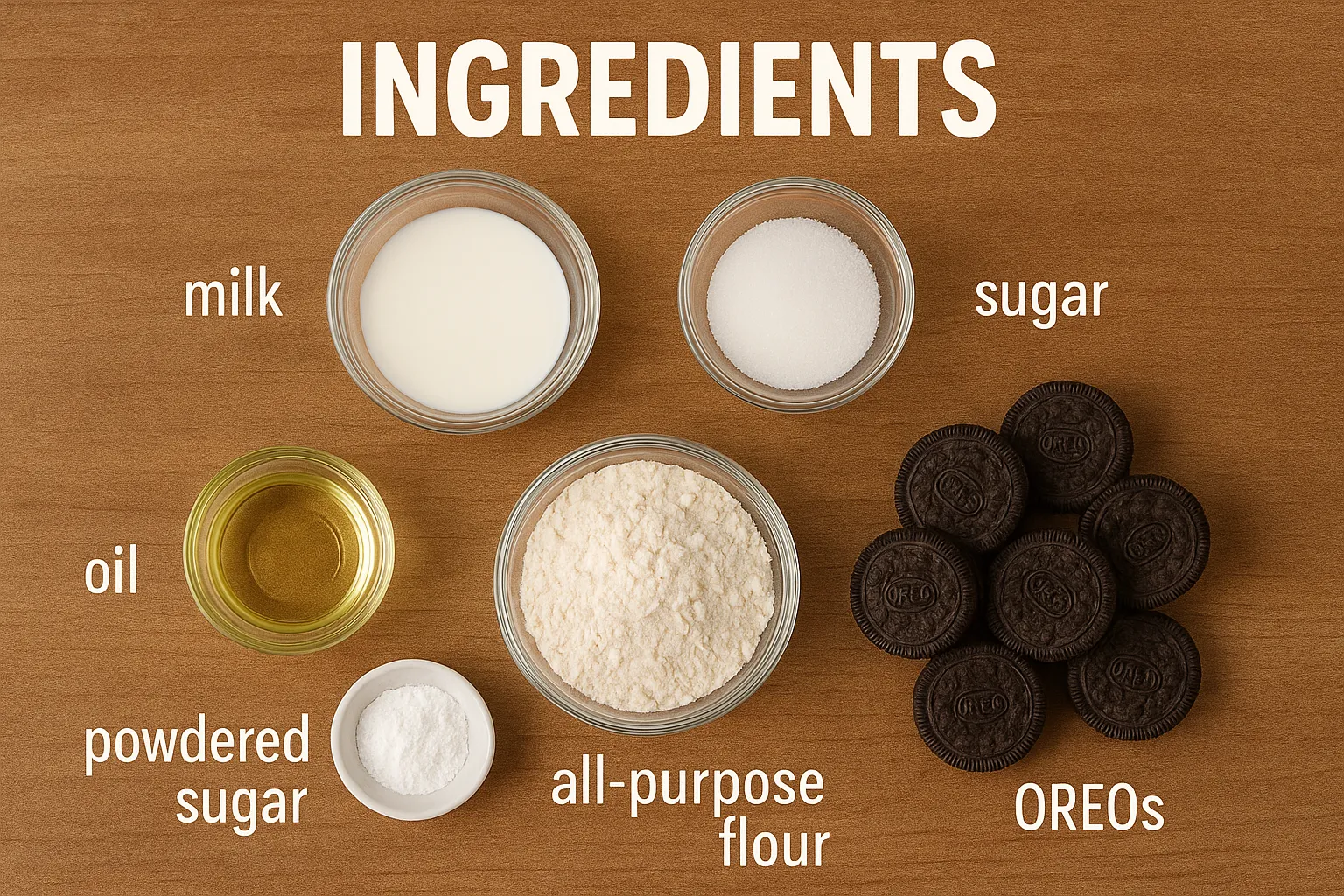 Flat lay photo of fried Oreos ingredients labeled on a wooden surface