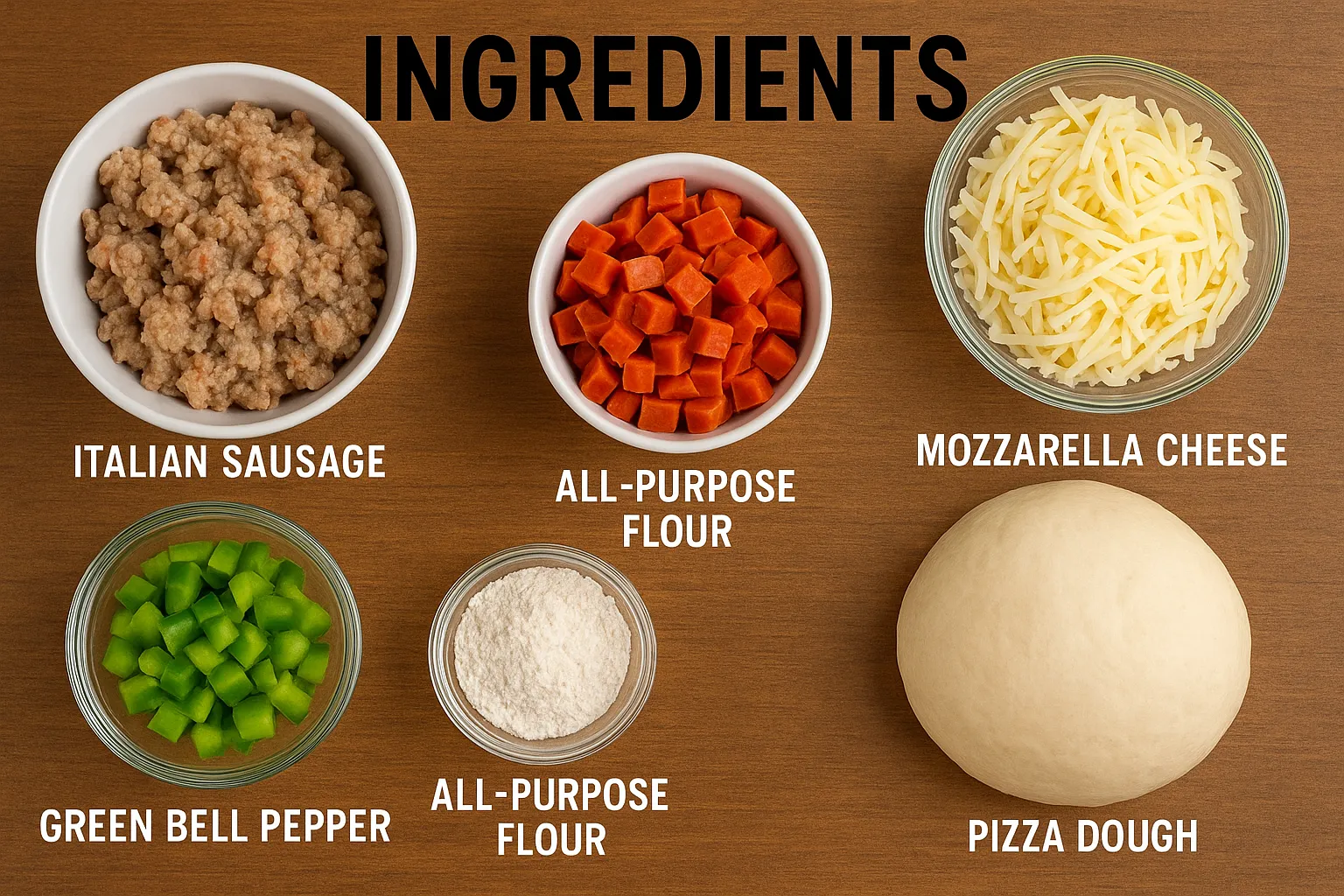 Ingredients for Garbage Bread arranged in bowls