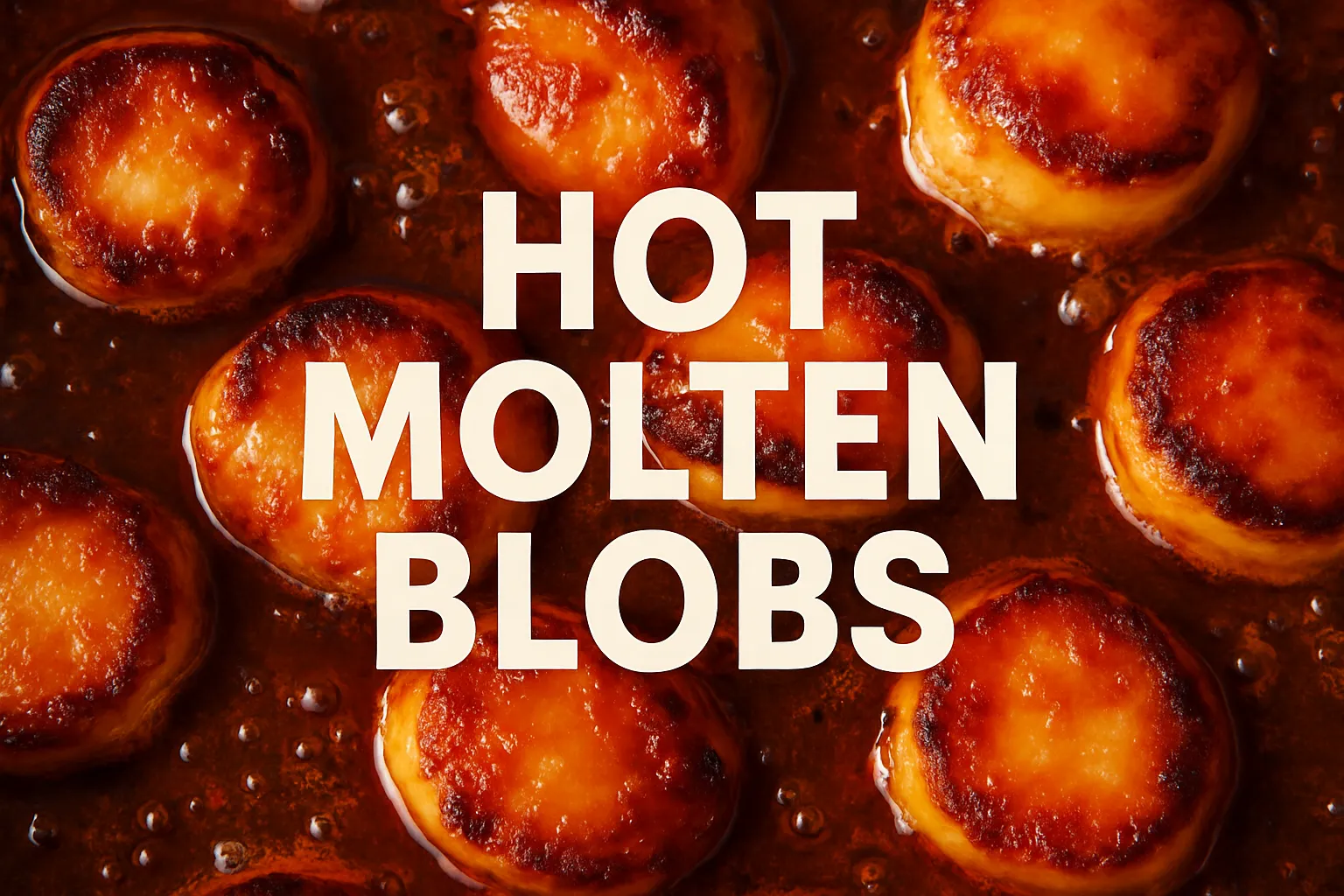 Hot Molten Blobs cheese blobs caramelized in sauce – top view close-up