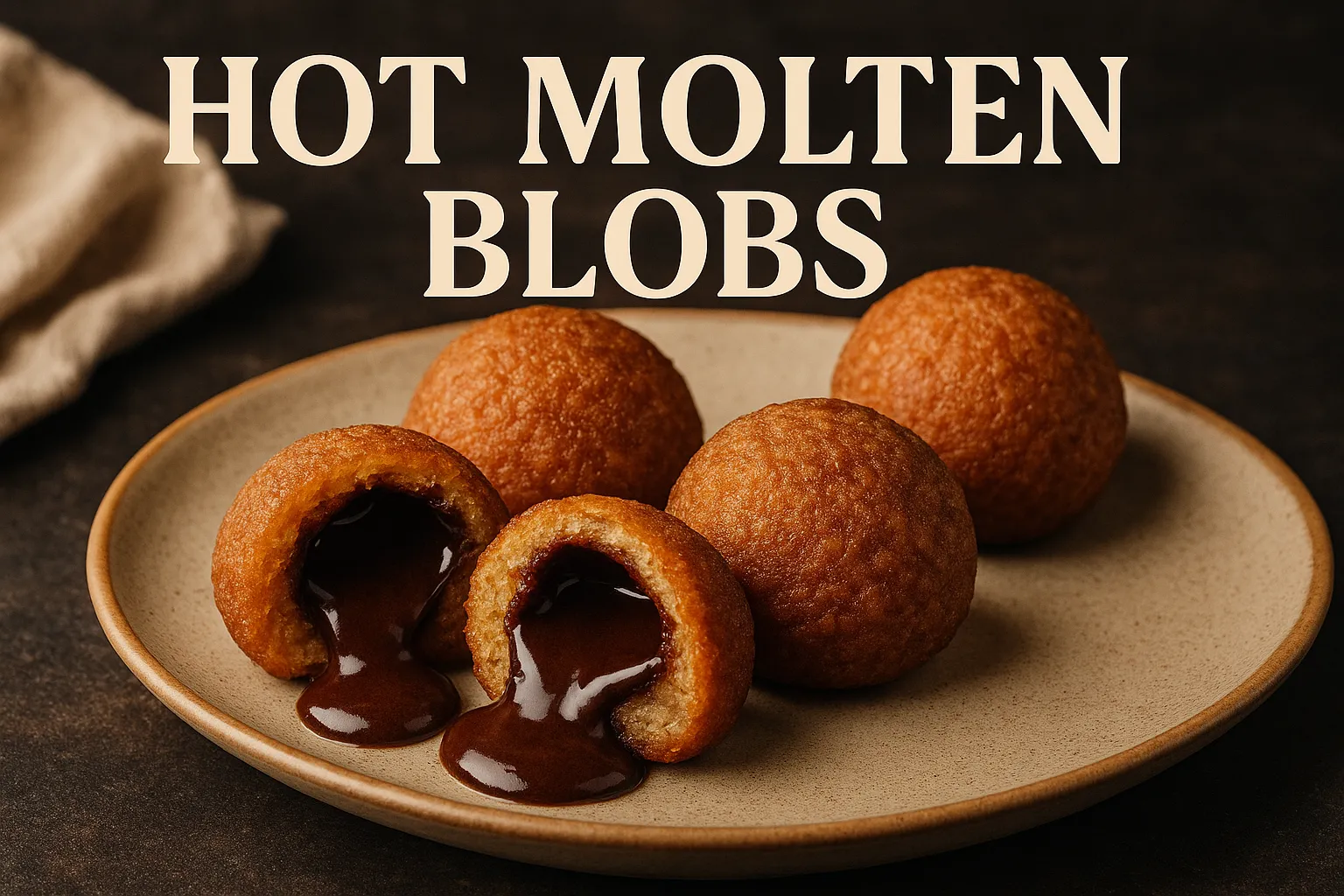 Hot Molten Blobs dessert with gooey chocolate center on ceramic plate