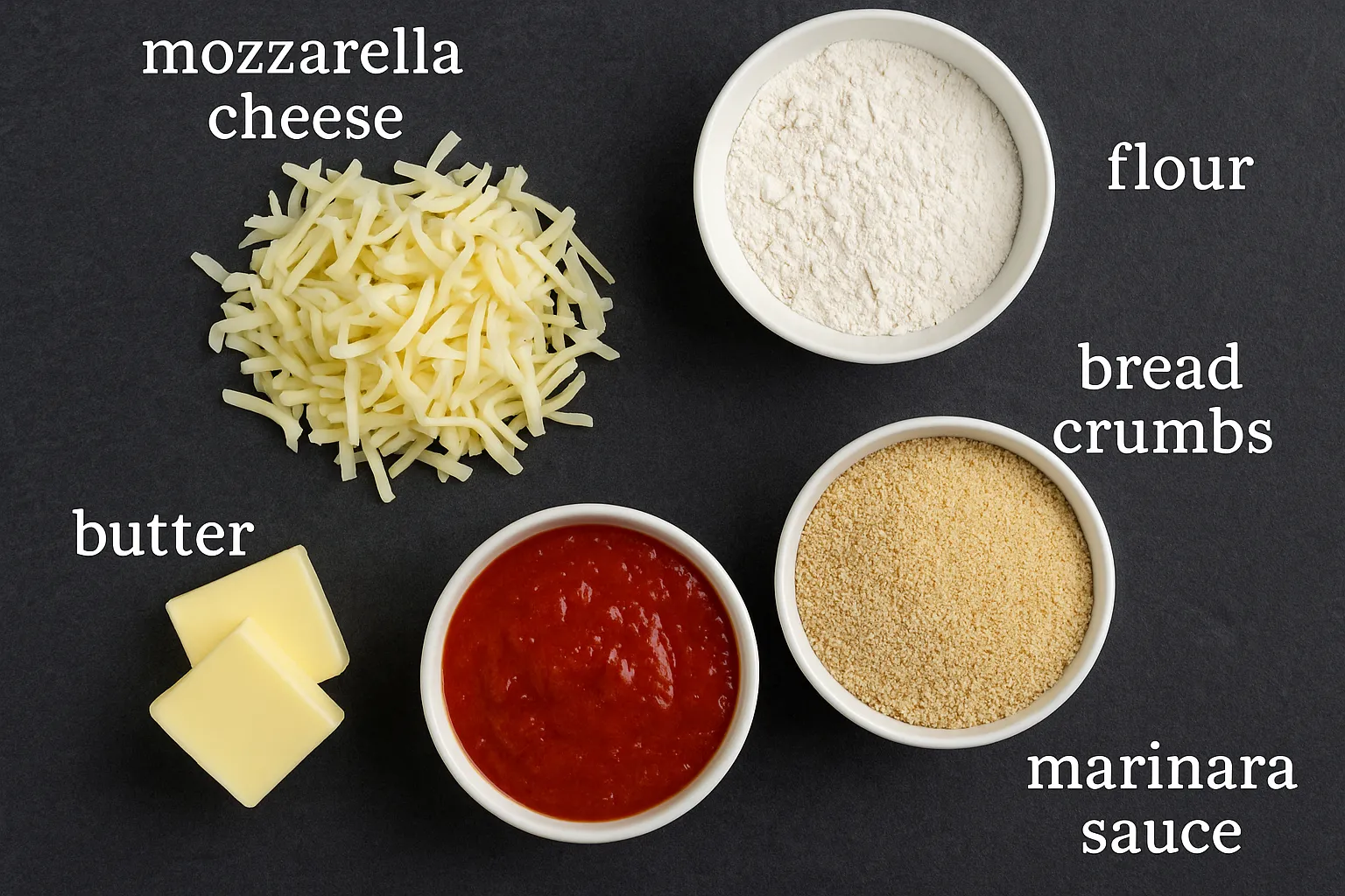 Ingredients for Hot Molten Blobs including mozzarella, flour, bread crumbs, butter, and marinara sauce