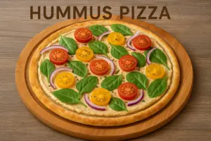 Homemade Hummus Pizza topped with cherry tomatoes, spinach, red onion, and yellow bell peppers