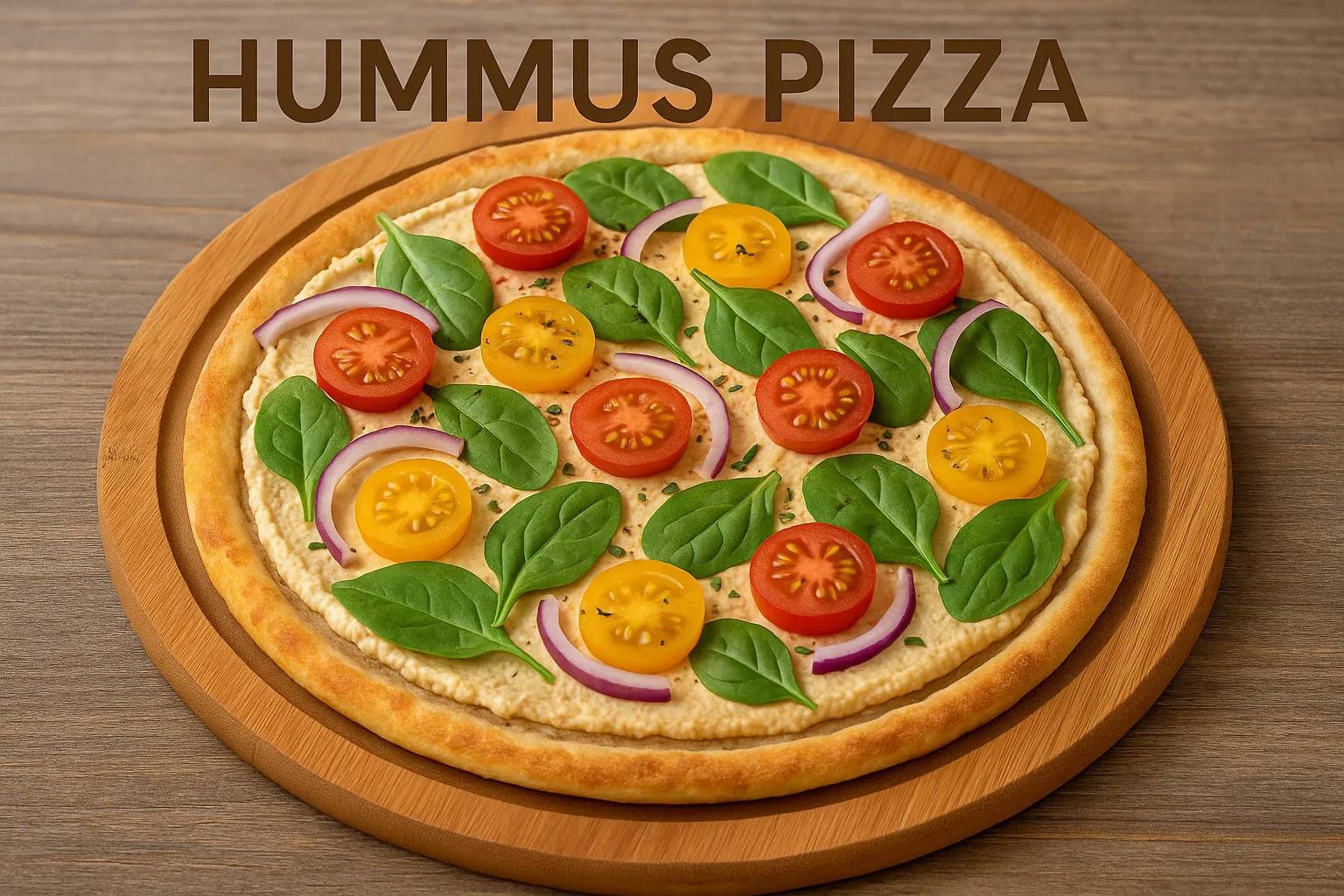 Homemade Hummus Pizza topped with cherry tomatoes, spinach, red onion, and yellow bell peppers