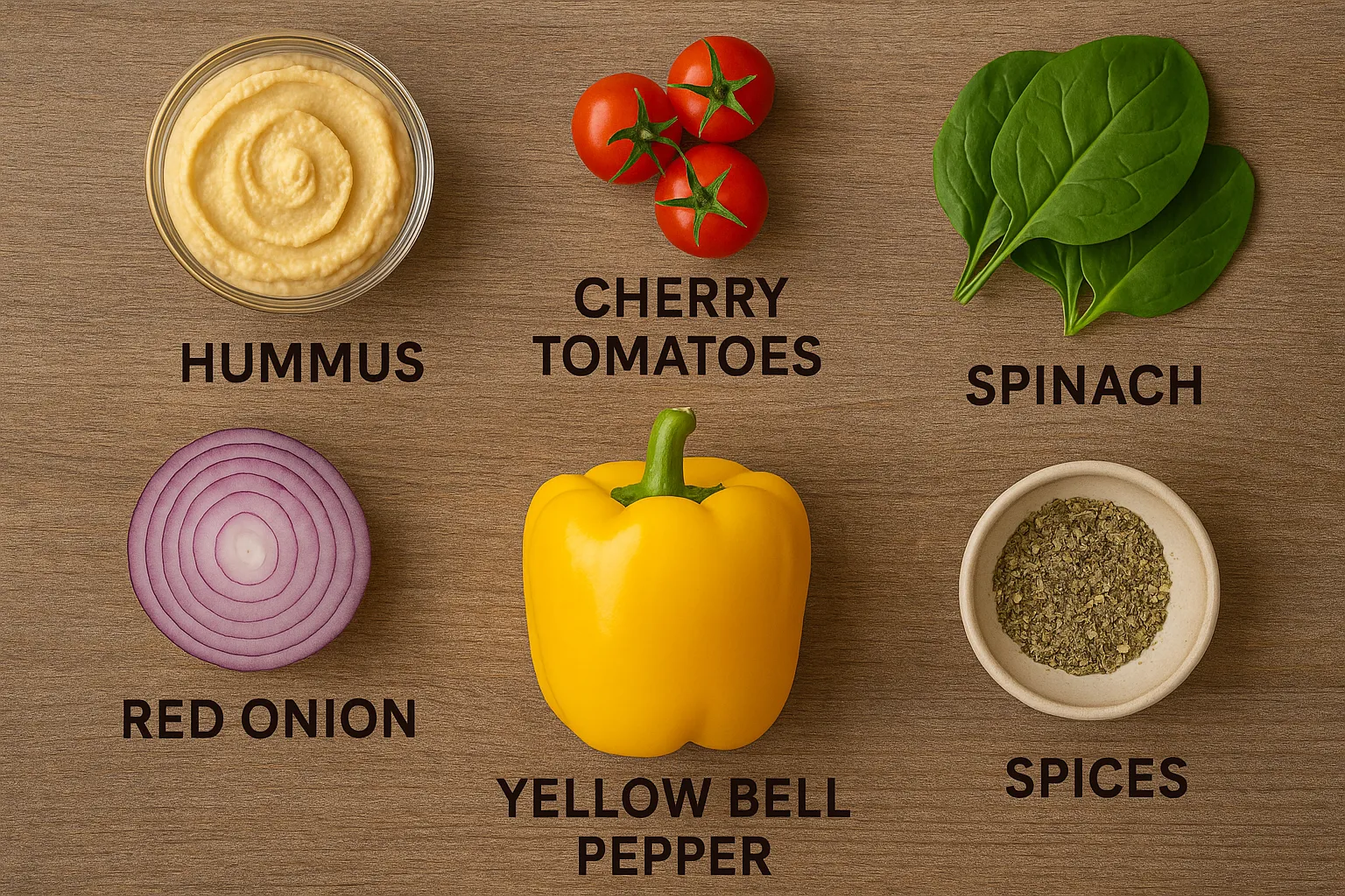 Key ingredients for making hummus pizza including hummus, cherry tomatoes, spinach, red onion, yellow bell pepper, and spices